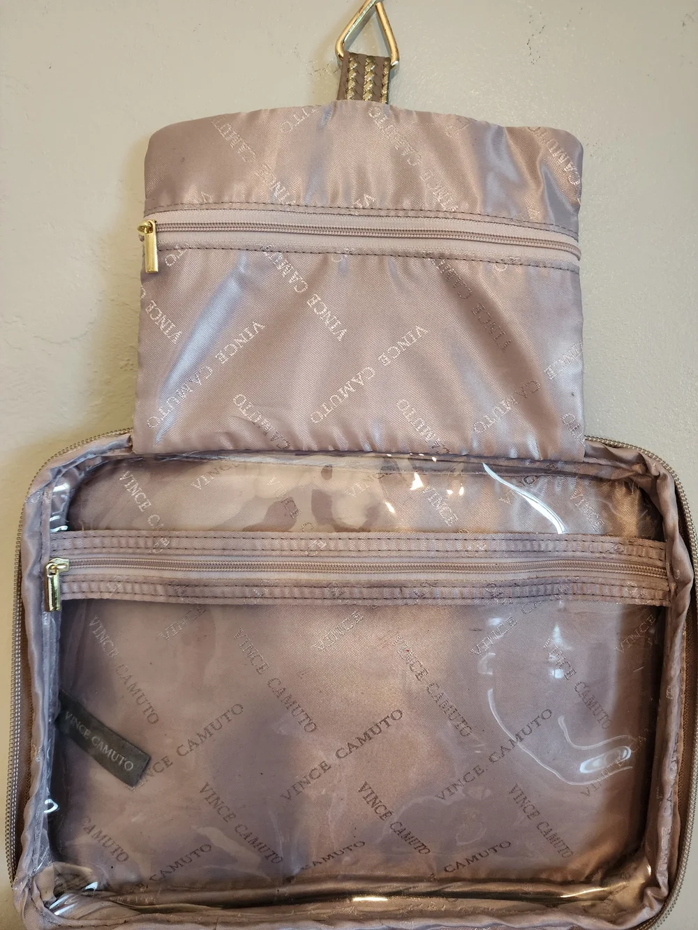 Vince Camuto Metallic Taupe Woven Toiletry Travel Tote